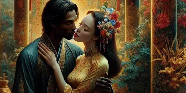 A romantic couple in a lush tropical setting, surrounded by traditional Vietnamese architecture and floral decorations.