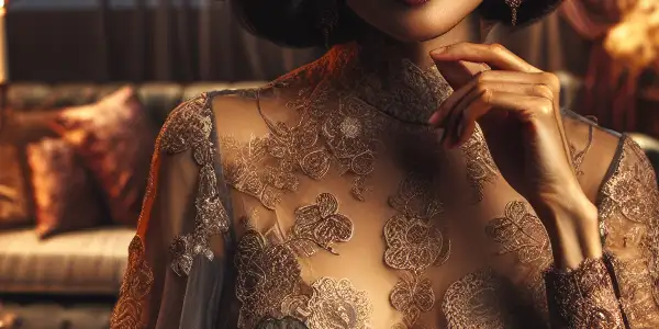 A confident mature woman in luxurious attire, set in an opulent room with intimate, sensual details.