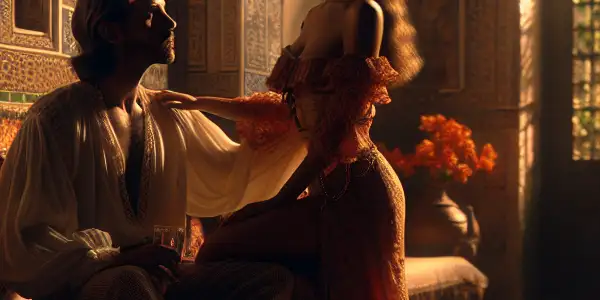 A passionate couple in elegant attire embraces in a romantic Spanish villa at sunset, surrounded by cultural elements.