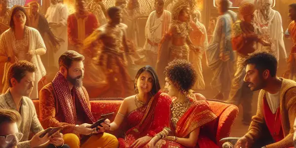 A vibrant Bollywood-inspired scene with actors in elaborate costumes, discussing movies in a warm, inviting atmosphere.