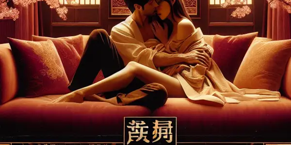 A romantic poster featuring a couple in a passionate embrace, surrounded by elegant decor and soft lighting.
