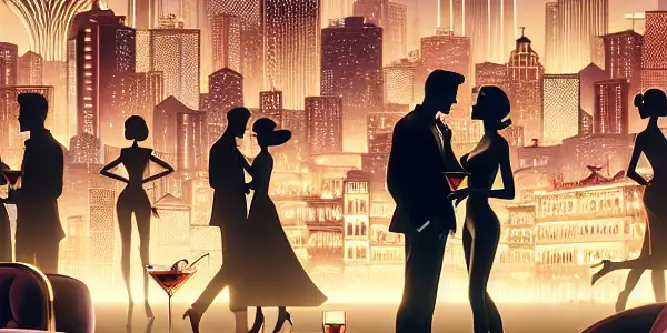 A romantic lounge scene in Macau, featuring couples in an opulent setting with soft lighting and intimate decor.