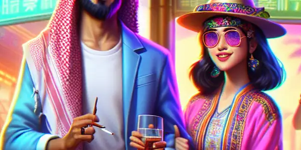 A vibrant film set featuring a charismatic duo in a playful, adventurous scene from a fictional adult film.