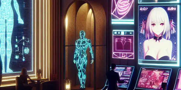 A vibrant virtual gaming room featuring diverse characters engaging with interactive screens and alluring anime-inspired graphics.