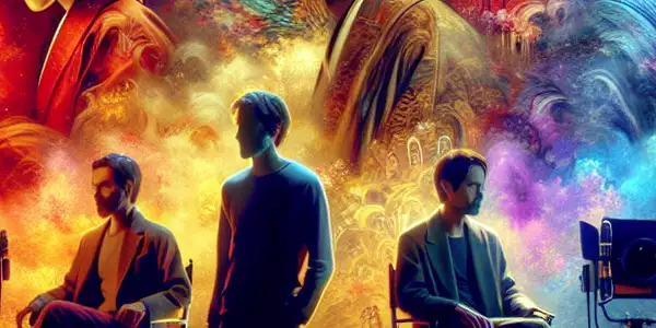 A cinematic soundstage featuring diverse actors expressing positive, negative, and neutral emotions amidst vibrant colors and dramatic lighting.