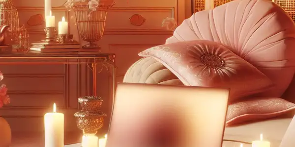 An intimate, cozy room featuring a laptop displaying blurred adult content, adorned with luxurious decor and warm lighting.