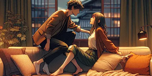 A cozy living room scene featuring a couple playfully interacting on a plush sofa, conveying intimacy and warmth.<a href=