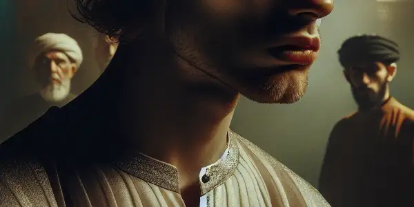 A submissive figure in a dimly lit room, embodying vulnerability and power dynamics, surrounded by authoritative shadows.