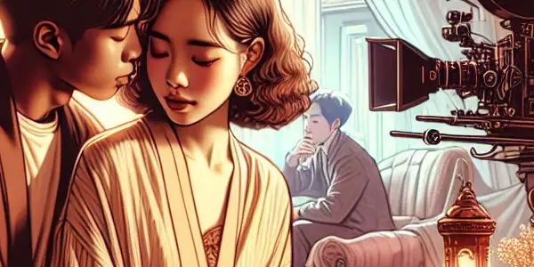 A romantic scene on a Korean film set featuring two protagonists in a tender moment, surrounded by intimate lighting and decor.