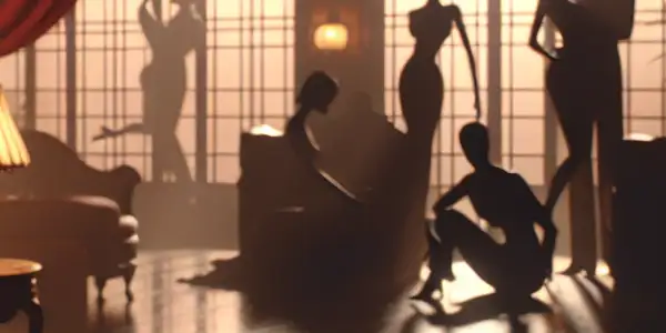 A dimly lit room with a vintage record player and silhouettes of romantic scenes, evoking intimacy and nostalgia.