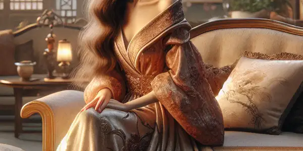 An alluring woman in an intimate living room, embodying themes of family taboo and desire.