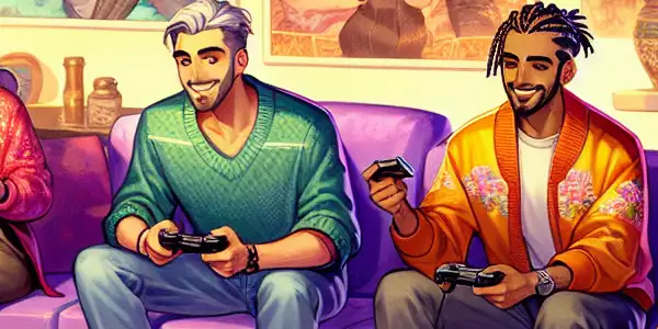 A vibrant gaming room with diverse characters engaging in playful, flirtatious interactions, inspired by classic adult-themed PSP games.