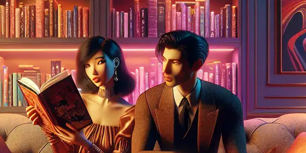 An intimate, dimly lit room with two elegantly dressed figures engaged in erotic storytelling and animated adult content.