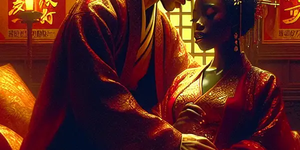 A passionate couple in traditional Chinese attire embraces in a richly decorated, intimate room.