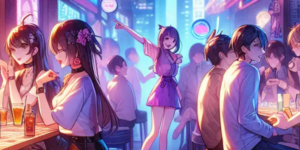 A vibrant Japanese AV movie set featuring playful characters in stylish attire, immersed in an interactive adult game atmosphere.