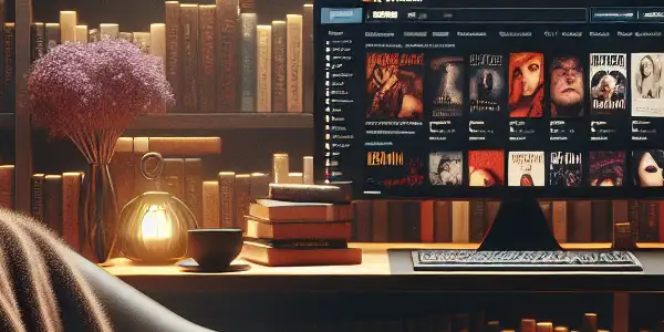 A cozy, dimly lit digital library filled with adult-themed literature and multimedia resources, inviting and intimate atmosphere.