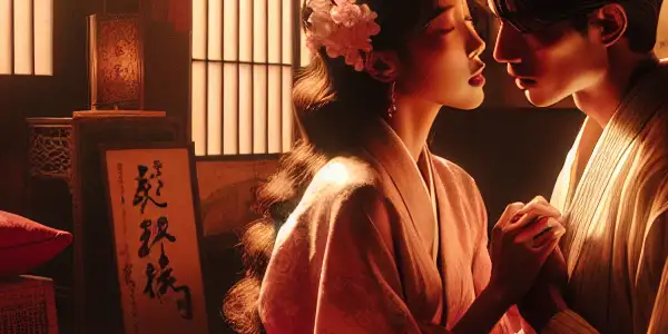 A romantic scene featuring a couple in a traditional Japanese room, surrounded by cherry blossoms and soft lighting.