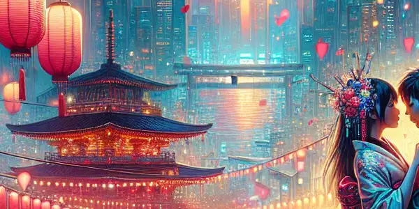 A couple shares an intimate moment amidst cherry blossoms and lanterns in a vibrant Japanese cityscape at dusk.