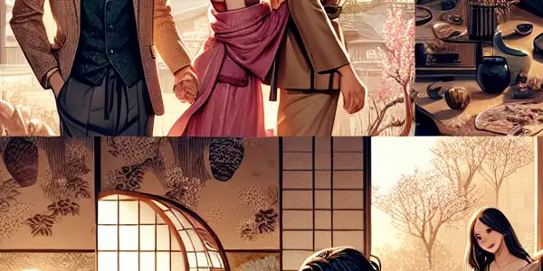 A romantic scene featuring diverse characters in a beautifully designed Japanese setting with cherry blossoms and elegant decor.