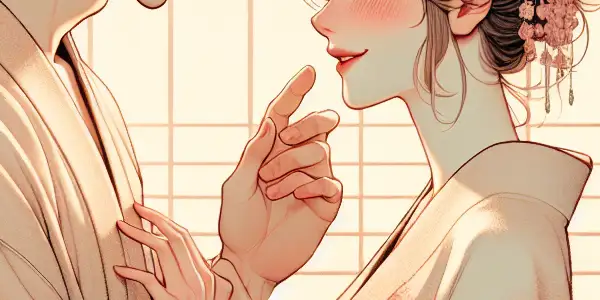 A romantic couple in a traditional Japanese room, surrounded by soft lighting and cultural elements, expressing tenderness and desire.
