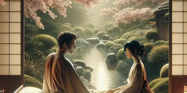 A romantic couple in a cozy Japanese room, surrounded by elegant decor and cherry blossoms, sharing an intimate moment.