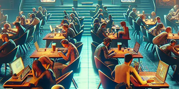 A vibrant online forum scene focused on adult films, featuring diverse characters engaged in thoughtful discussions.