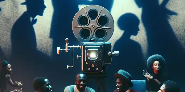 A dimly lit room featuring a vintage film projector, silhouettes of intimate figures, and a diverse group discussing voyeurism in Korean cinema.