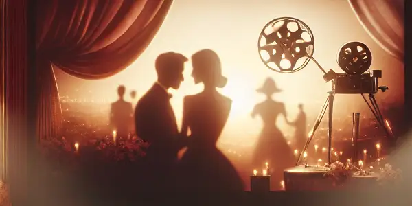 A luxurious cinema scene with plush seating, soft lighting, and silhouettes of viewers, hinting at Korean erotic films.