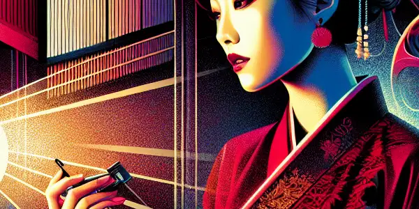 A confident female figure in a bold outfit, set against a stylized Asian cinema background, exuding allure and creativity.