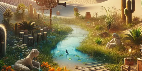 A desolate desert landscape with an oasis, film reel, camera, and silhouettes of Japanese AV actresses.