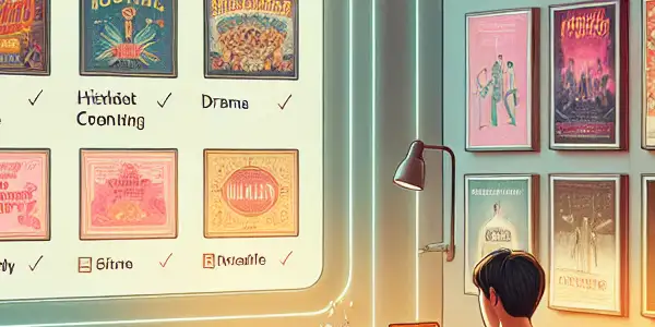 A cozy home cinema with a film enthusiast enjoying non-erotic movie posters and a warm, inviting atmosphere.