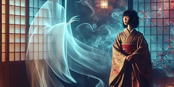 A ghostly figure hovers near a seductive character in a dimly lit, vintage Japanese room filled with eerie tension.